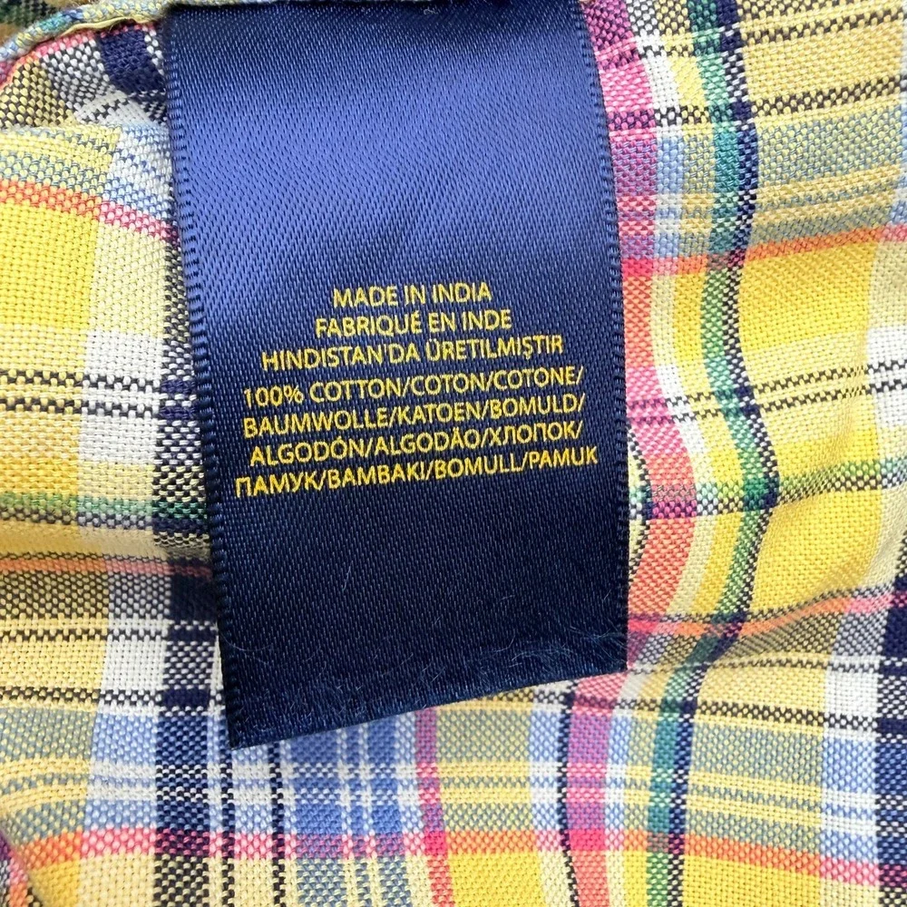 Ralph Lauren Boys Shirt Size 10 Yellow Multicolor Plaid Flesh Pony Long Sleeve